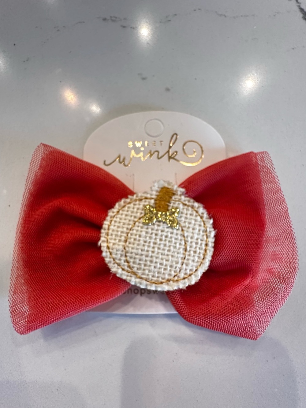 Sweet Wink Kids Red Bow Hair Clip with White Burlap Pumpkin Accent